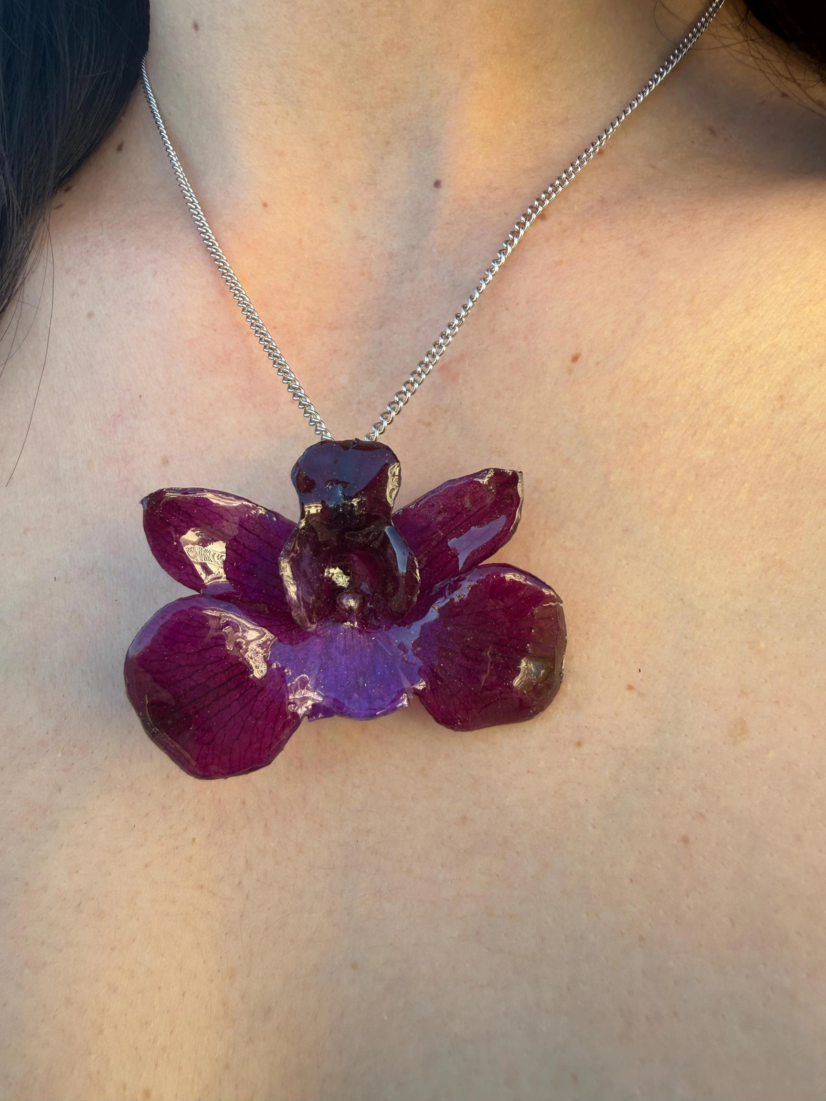 Real Violet Orchid Resin Necklace | Preserved Flower Pendant | Stainless Steel C