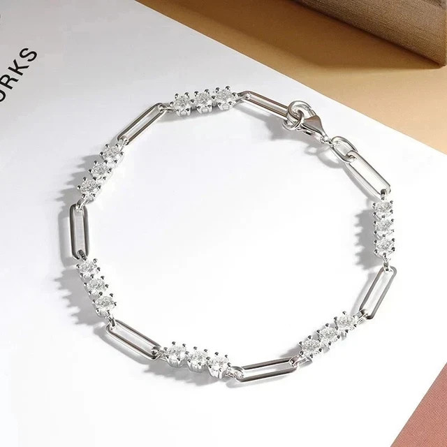 3mm Round Cut Moissanite Paper Clip 8″ Inch Women Bracelet 14K White Gold Plated