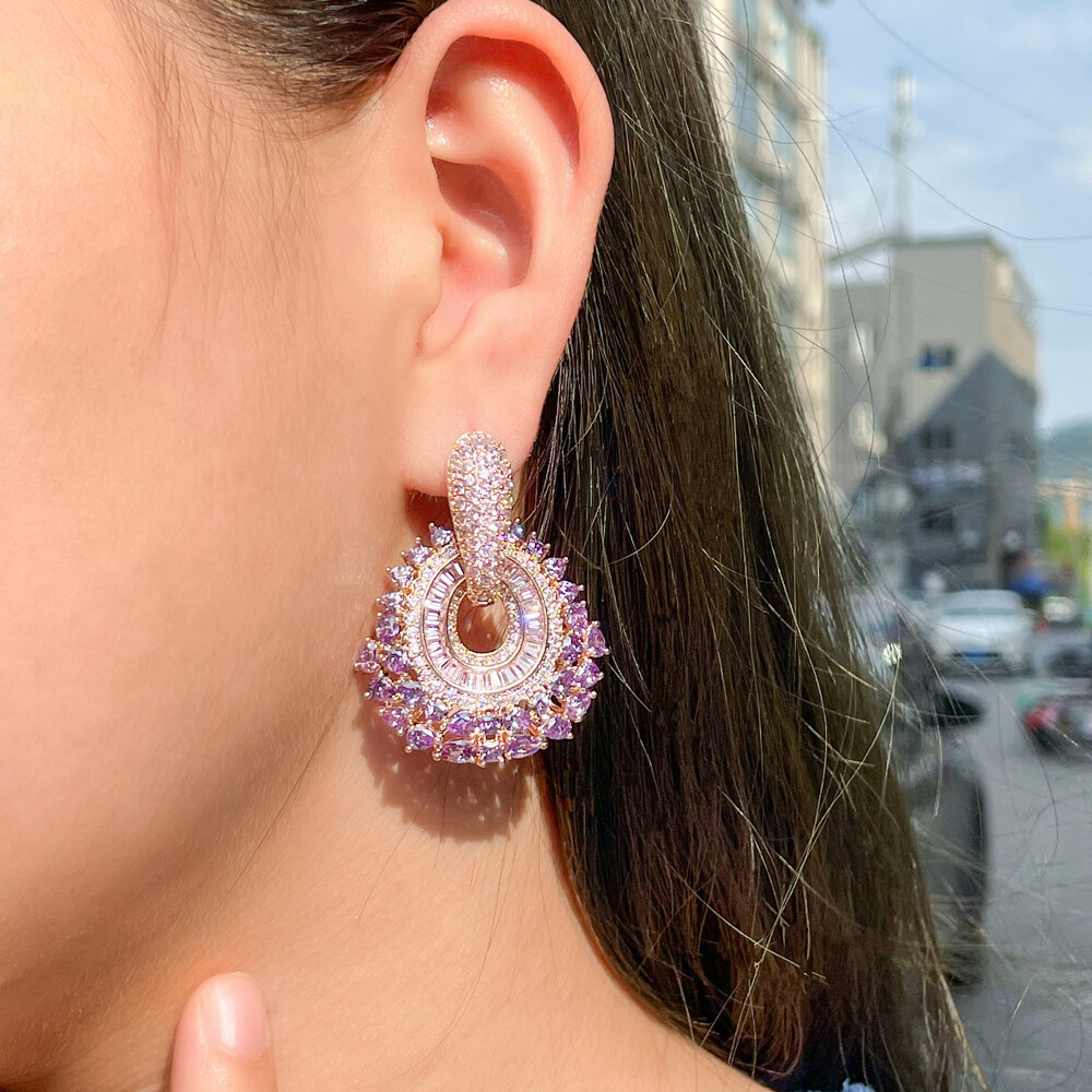 Statement 585 Gold Double Use Purple CZ Big Pave Dangle Drop Earrings for Women
