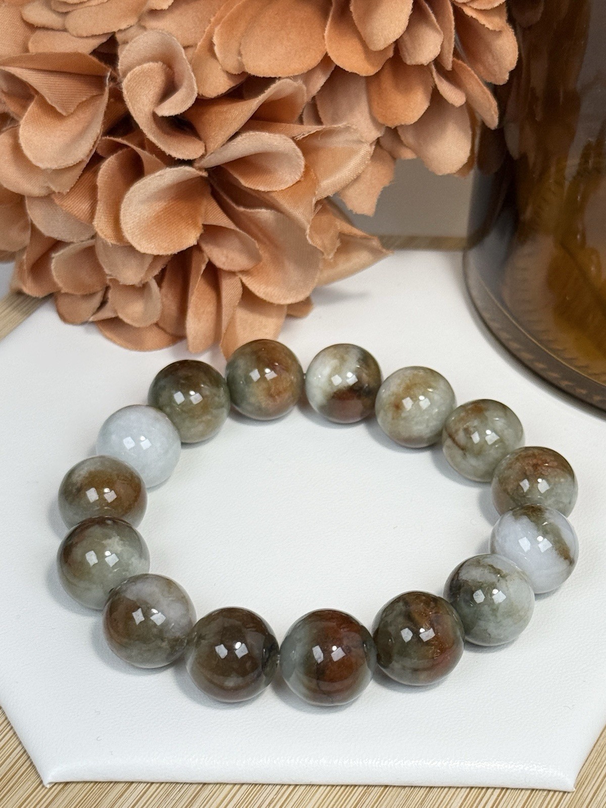 Jadeite White/Brown/Green Bead Bracelet 13.9MM