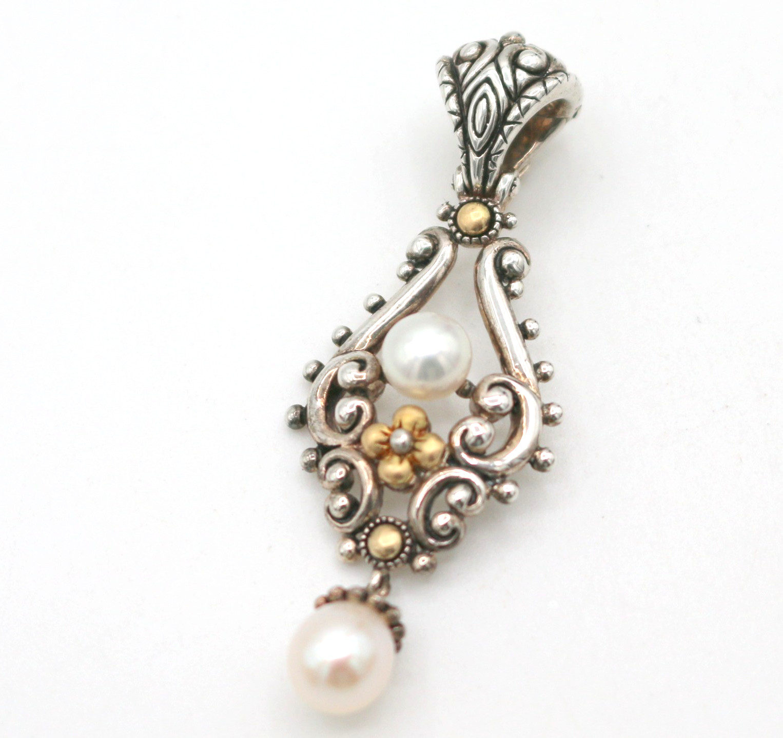 Barbara Bixby Sterling Silver 18k Gold w Pearls Floral Filigree Pendant Enhancer