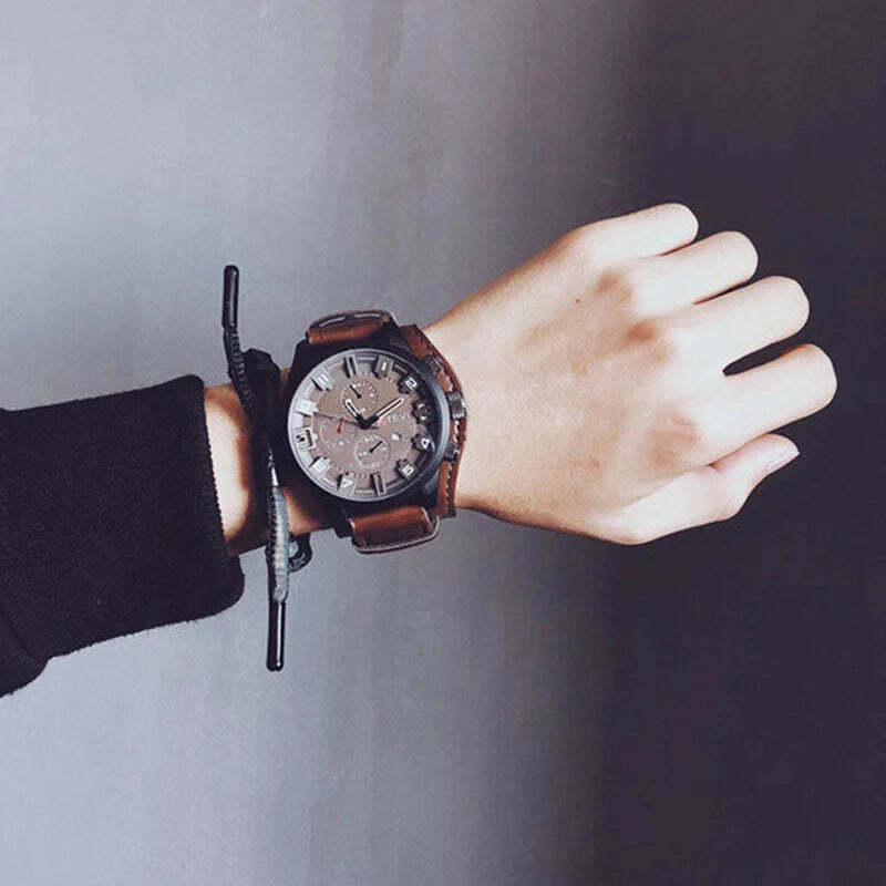 Retro Mens Quartz Watch Leather Strap Date Military Wristwatch