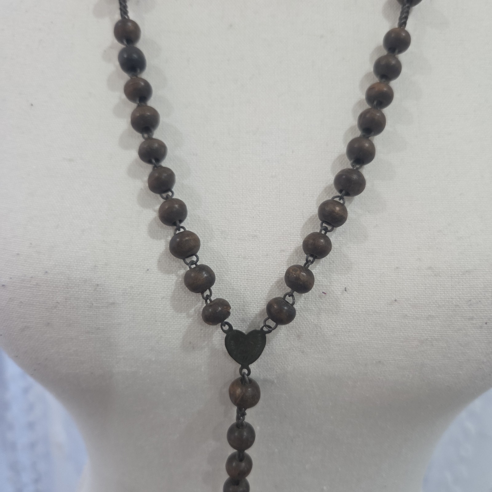 Antique French Wood Brass Rosary Beads & Cross 72cm Necklace 13cm To Cross
