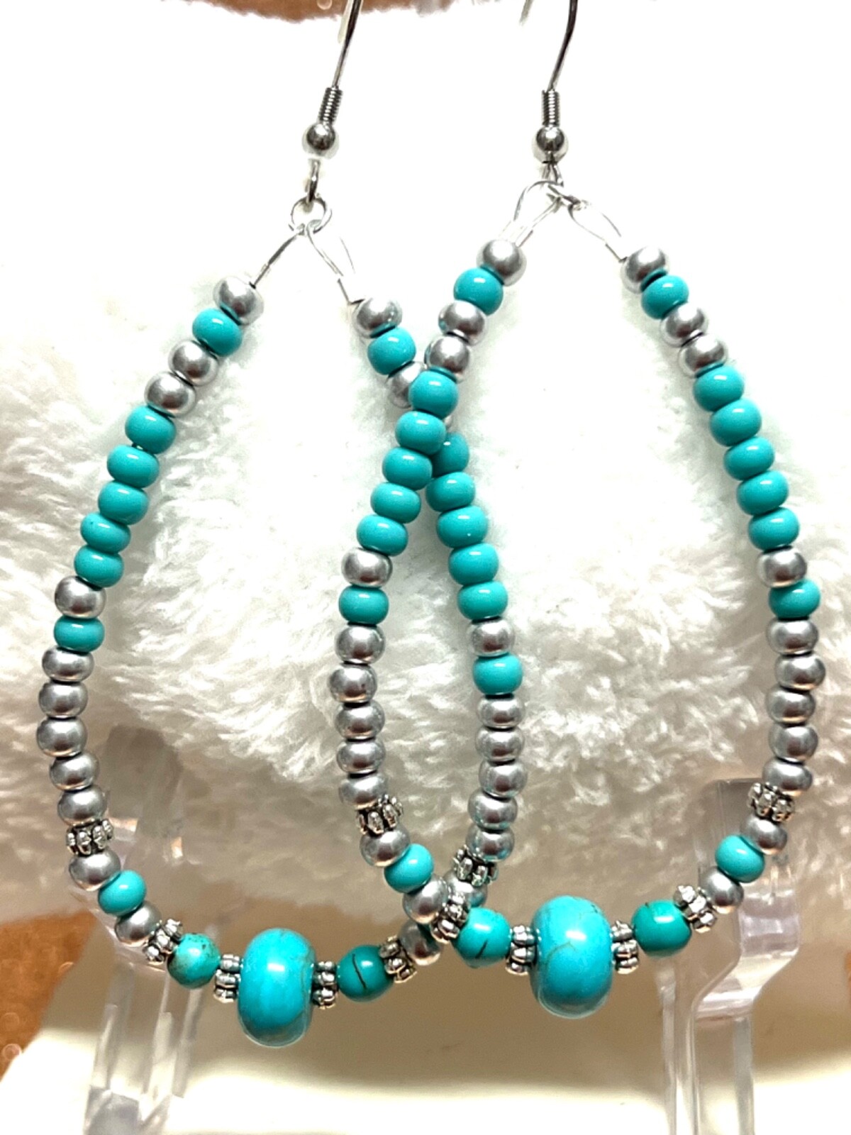 Shiny Silver Seed Bead Teardrop Hypo Earrings W Turquoise Roundelle Beads 3.5 In