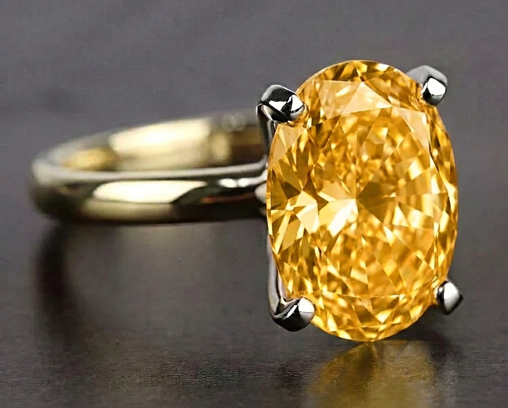 8.00 Ct Certified Oval Shape Natural Yellow Diamond Ring VVS1 Yellow Gold Finish