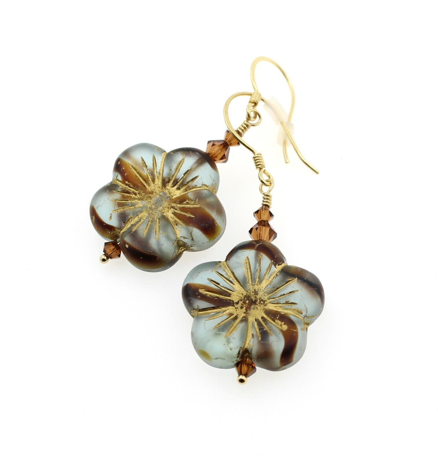 Flower Earrings Frost Seaglass Stripes Blue Glass Caramel Swarovski Vermeil Gold