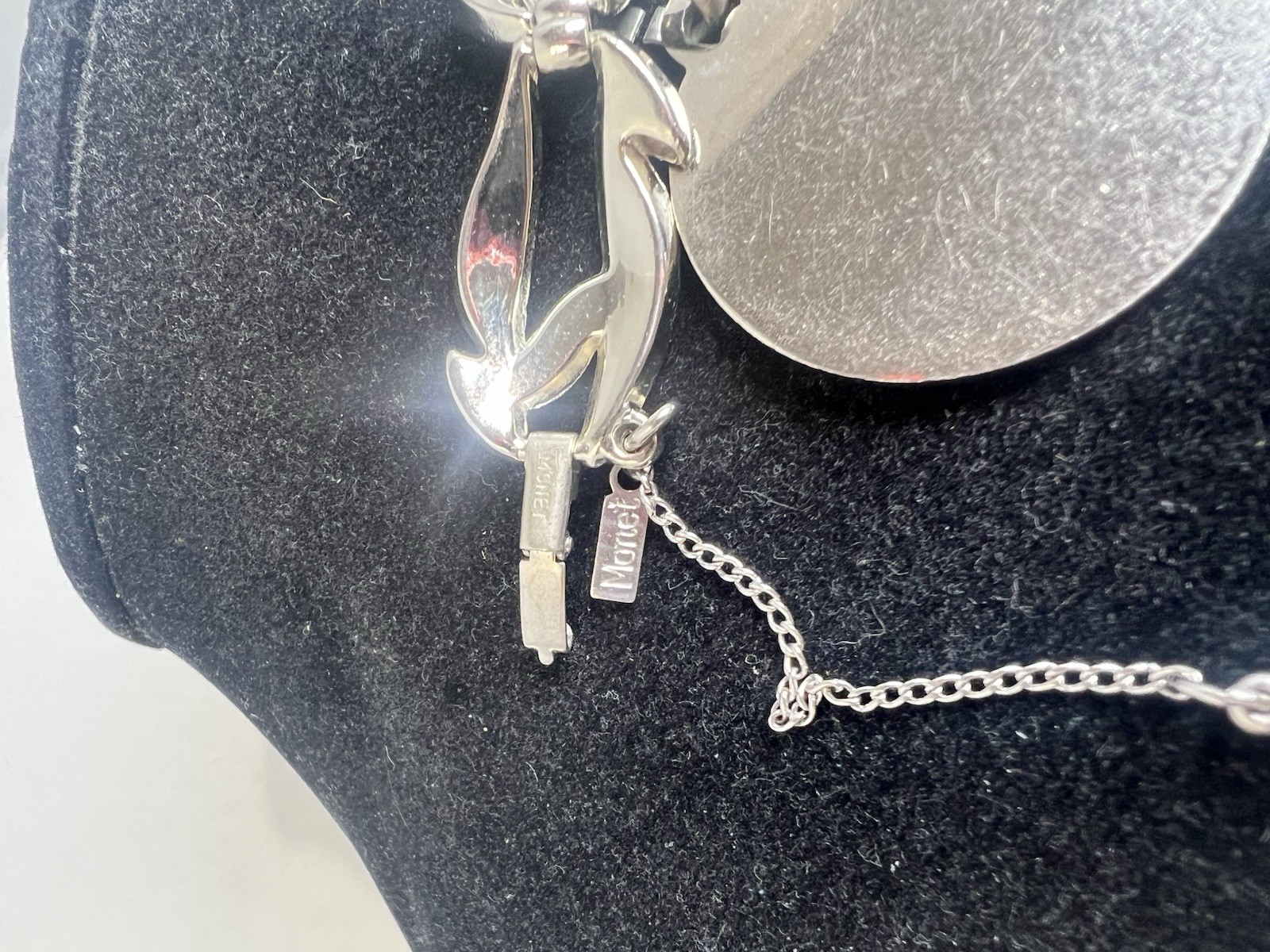 Vintage Monet Silver Tone Large Initial E Charm Leaf Bracelet with Safety Chain