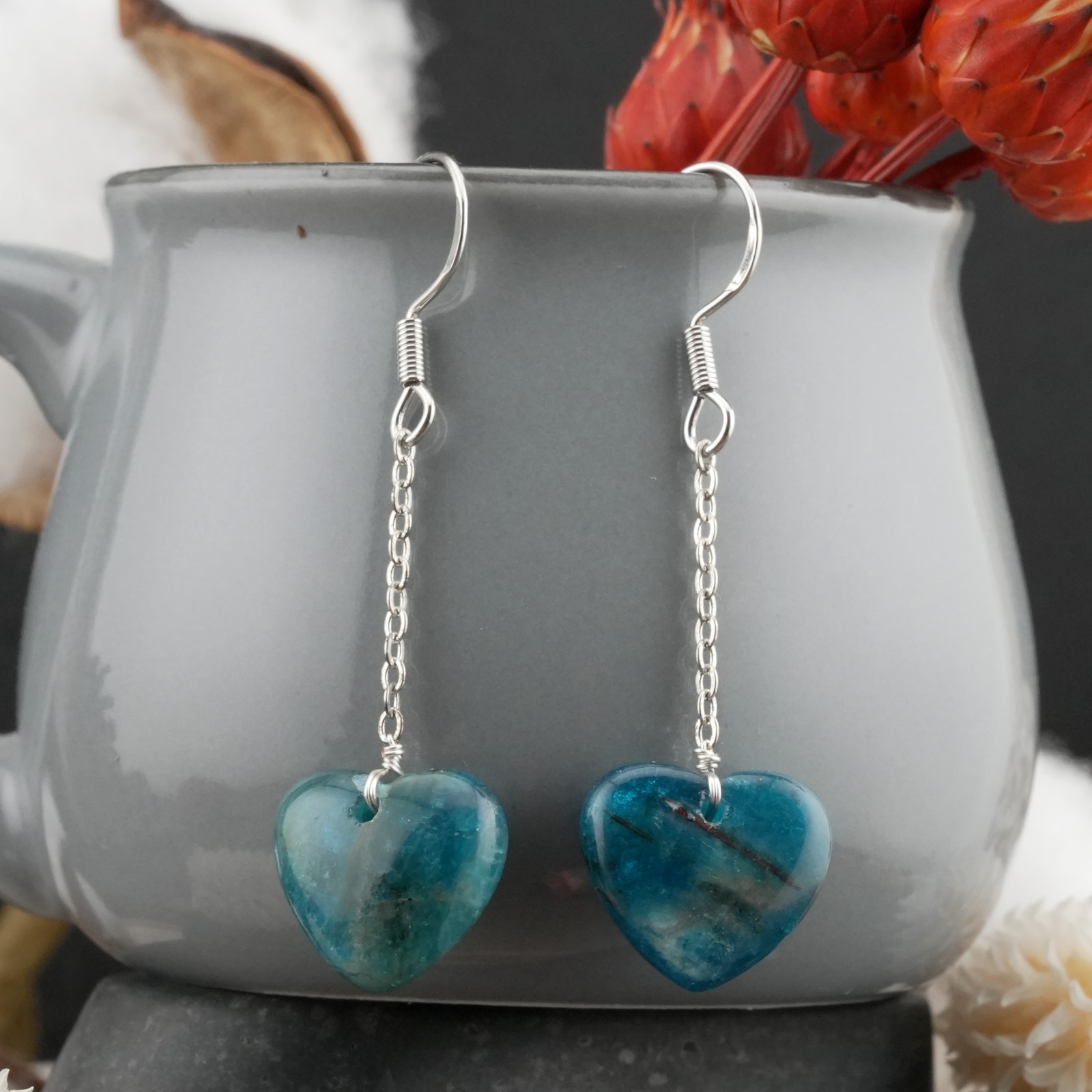 Blue Apatite 925 Silver Puffy Heart Drop Earrings Natural Crystal Jewelry Gift