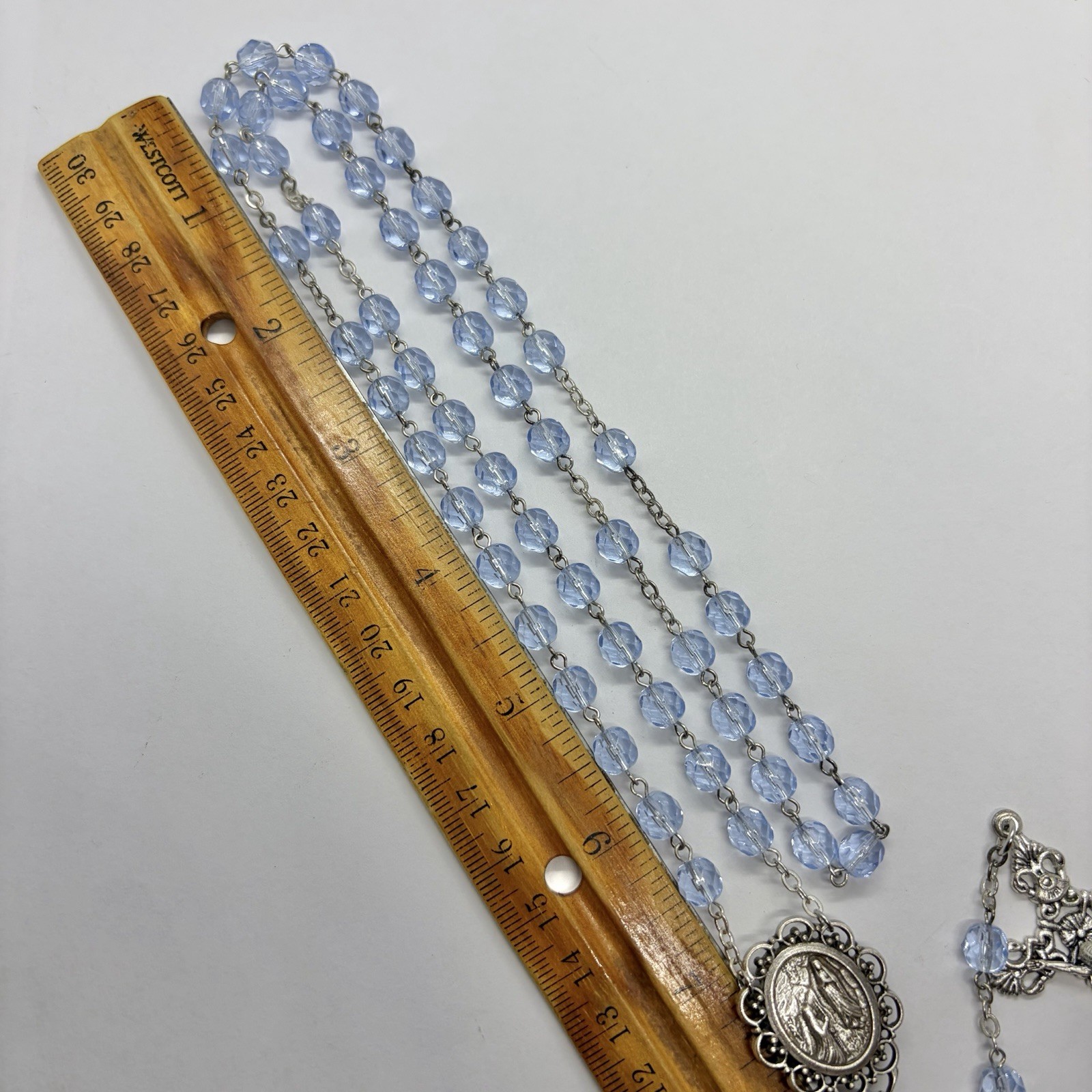 Vtg Religious Catholic Blue Glass Lourdes Cross Rosary Bead Necklace Holy Water