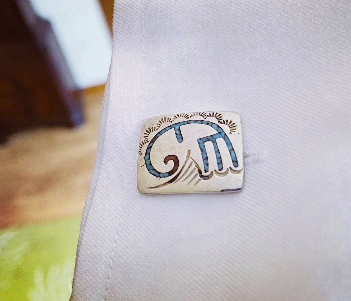TOMMY SINGER Turquoise Coral Inlaid Navajo Modernist Cufflinks, 1970s