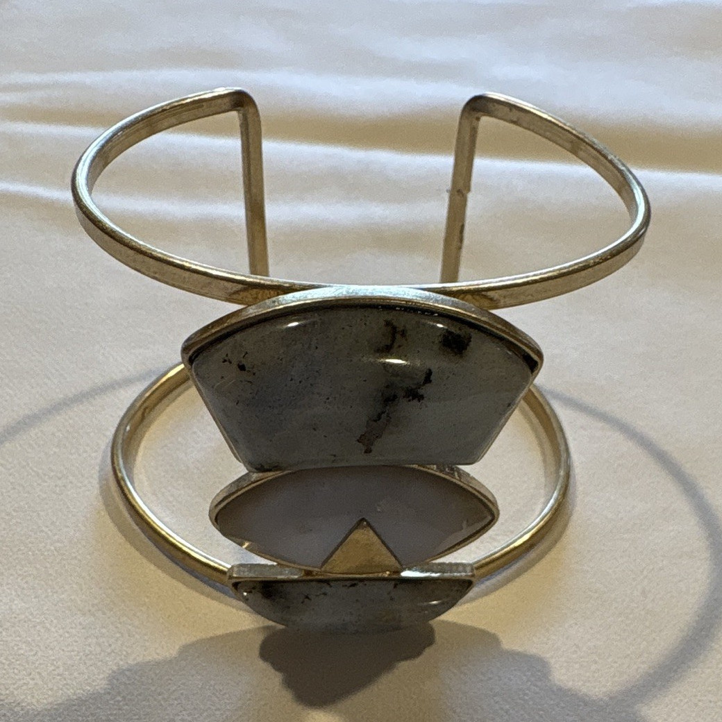 Gold Tone Open-Ended Cuff Bracelet Gray Stone Geometric Inlay Bezel Set