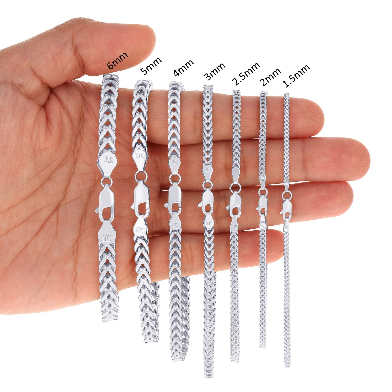 10K White Gold 1.5mm-3mm Square Wheat Box Franco Chain Pendant Necklace 16″- 30″
