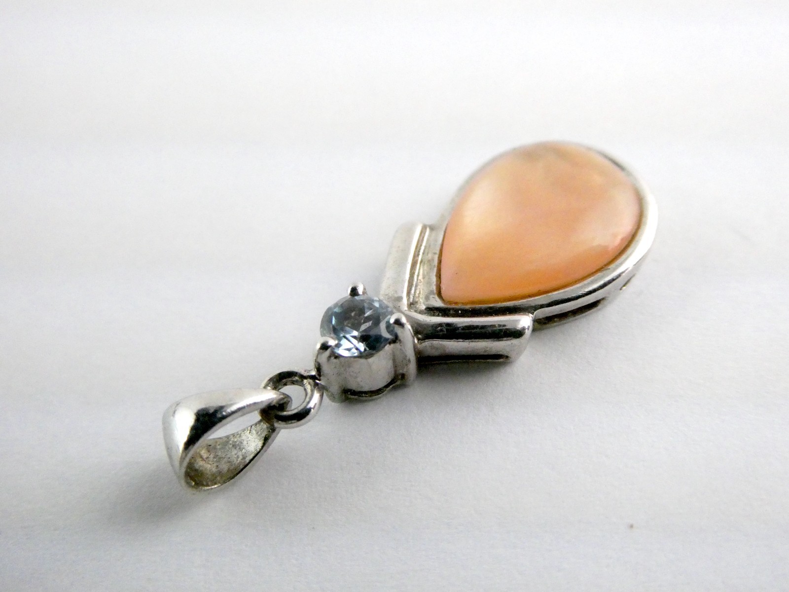 Sterling Silver Blue Topaz and Peach MOP Shell Pendant 925 1.25 Inch Length