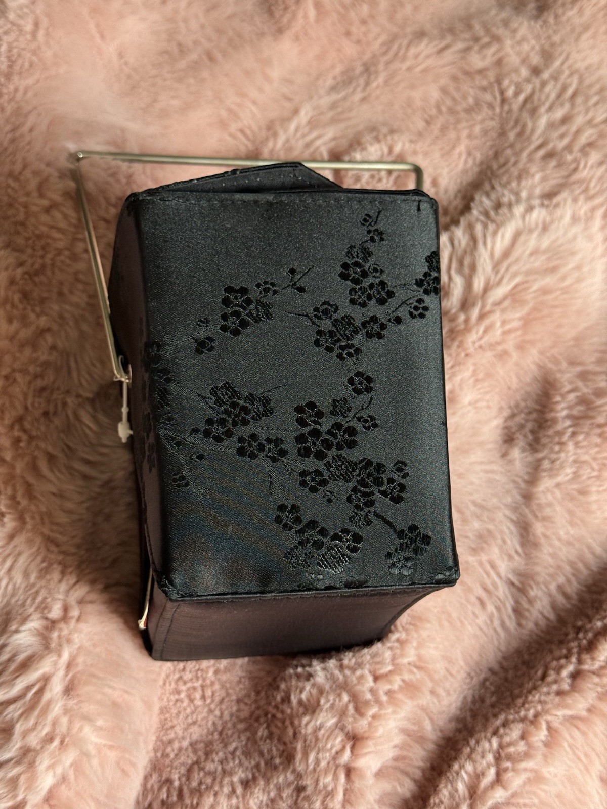 Vintage Yans NY Black Floral Fabric Jewelry Gift Box Square w/ Metal Handle
