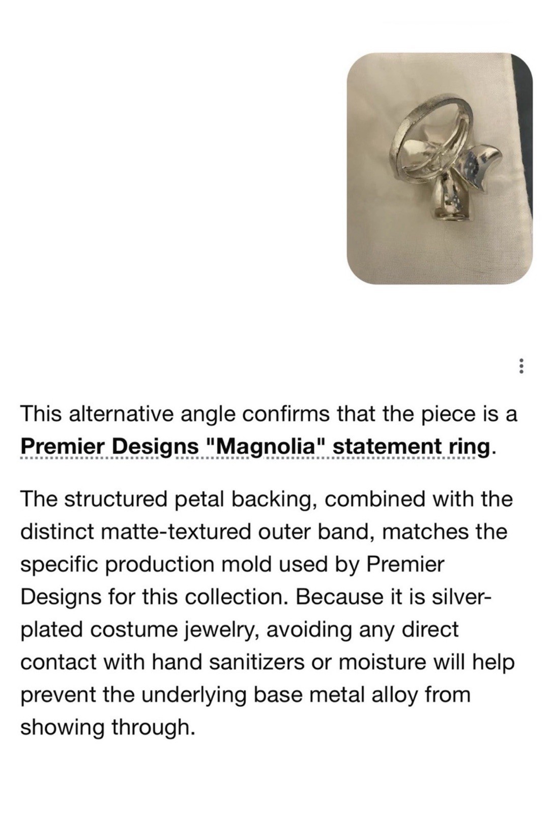 Vintage Premier Designs WHITE SILVER Magnolia Statement Ring Size Lg 10 (est)