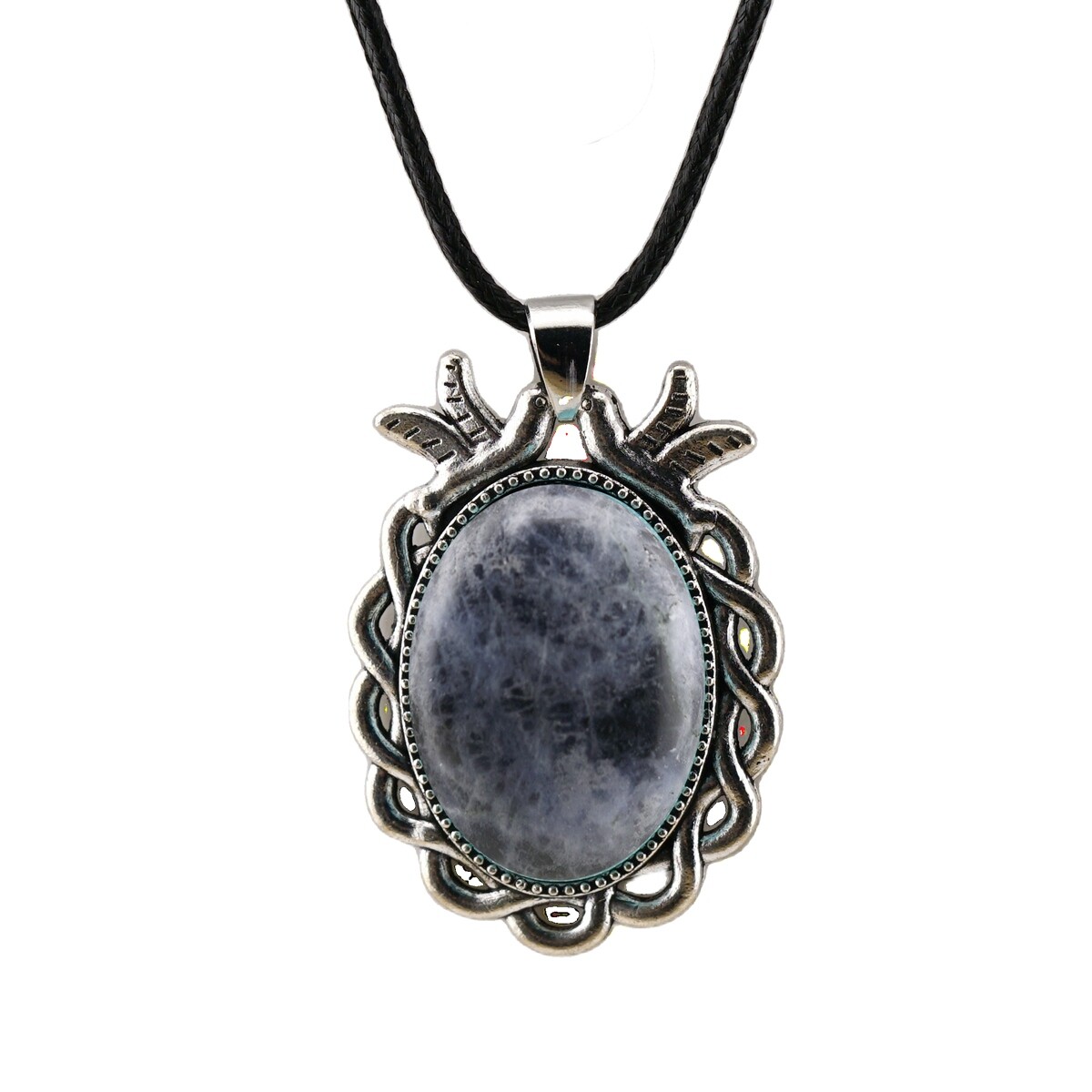 Natural Gemstone Oval Pendant with Lace and Bird Feather Wrapped Necklace
