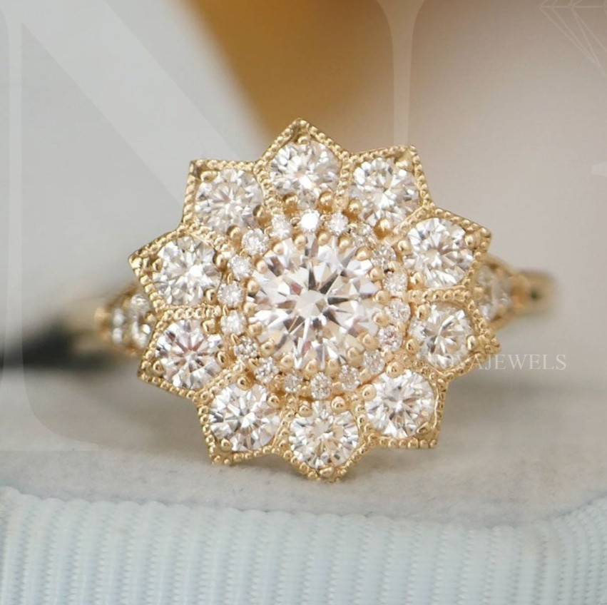 0.5CT Round Cut Halo Moissanite Engagement Ring 14K Yellow Gold Plated For Women