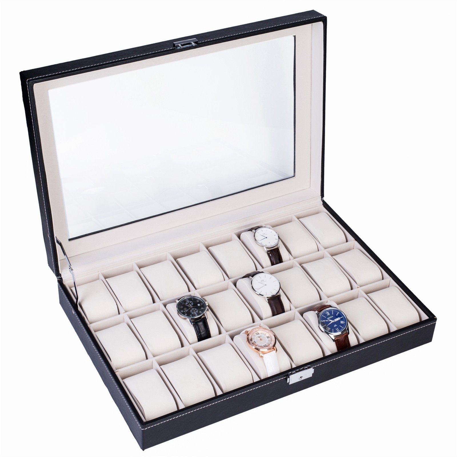 24 Compartments Top-level Opening Style Leather Watch Collection Box Black NEW
