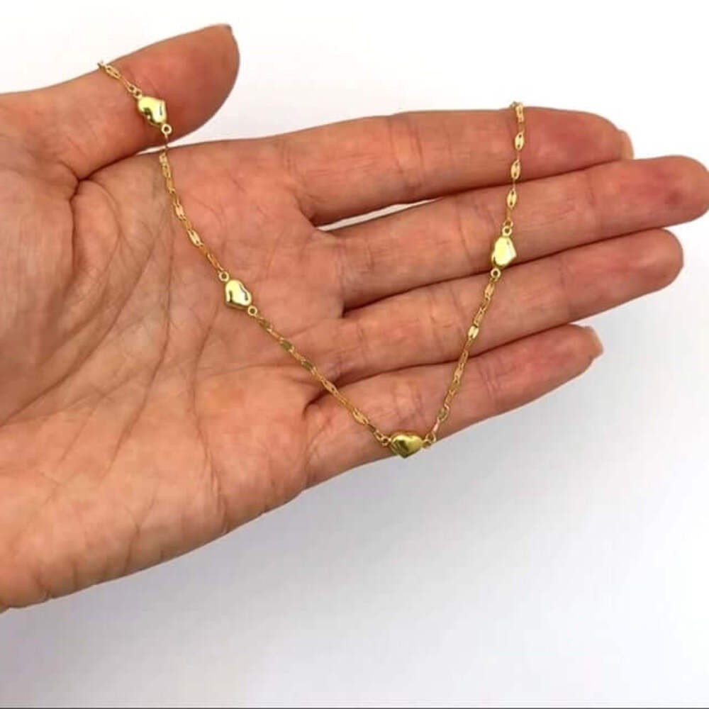 14K Gold 2mm Mirror-Link Heart Charms Chain Necklace 18″
