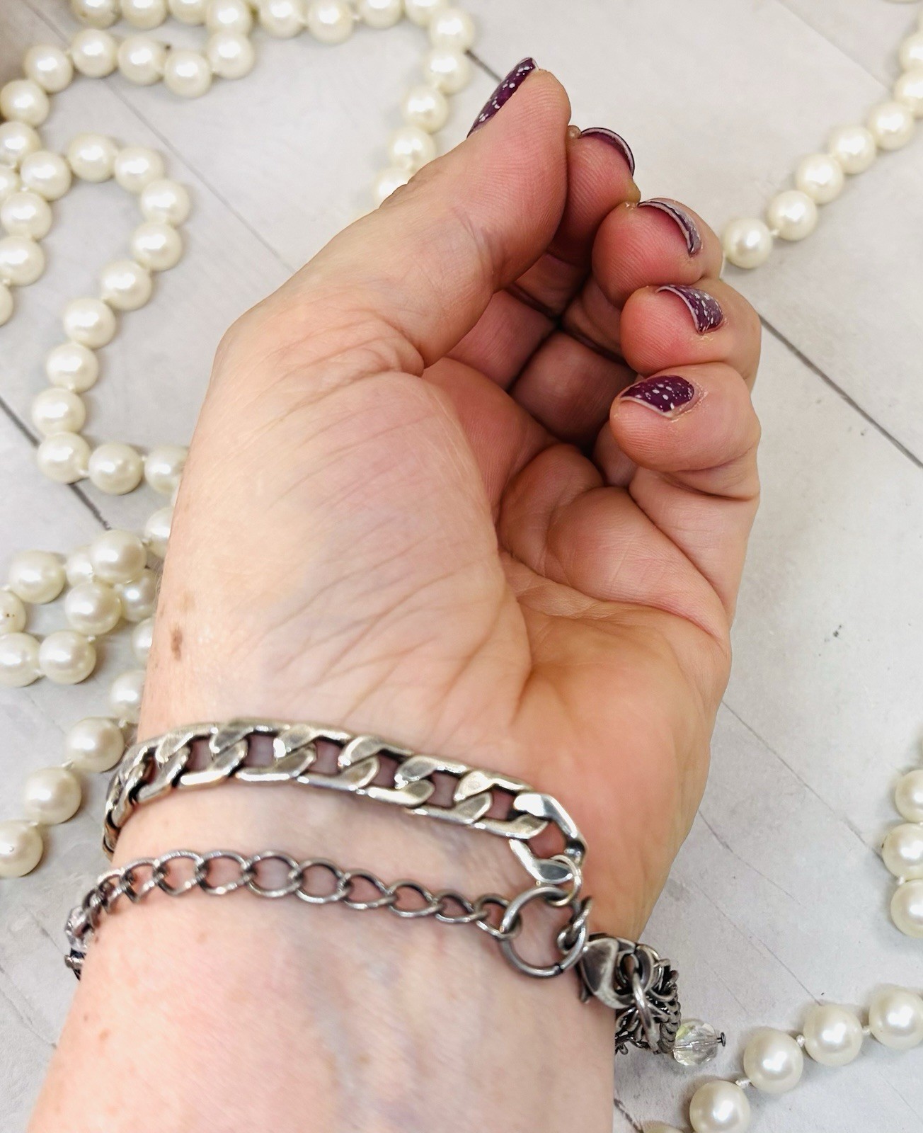 Antique Silver Plated Double Chain OOAK Bracelet, jet Black AB Bracelet