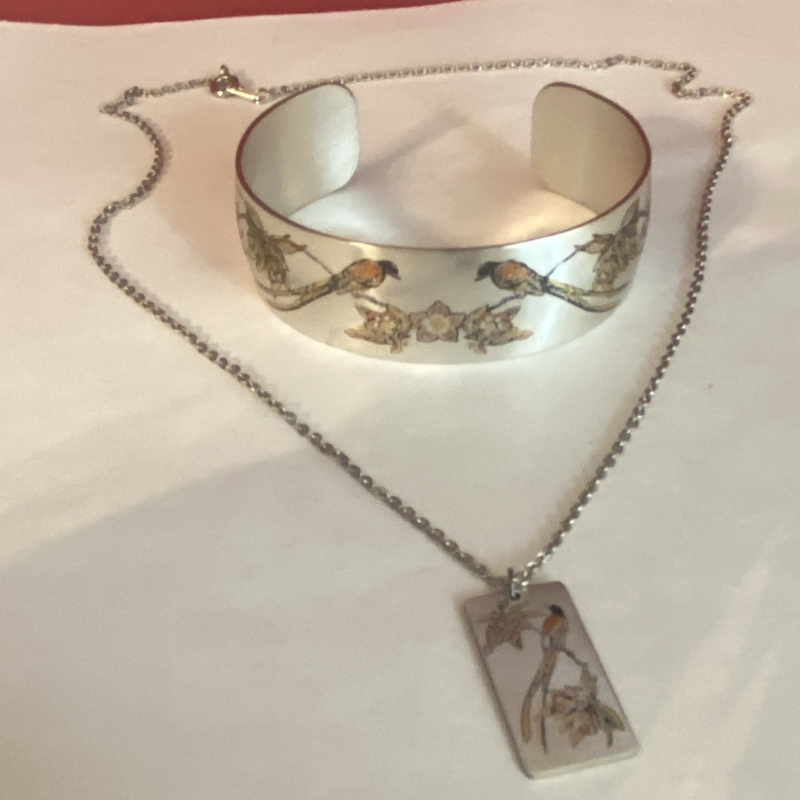 Vintage Reed & Barton Damascene Bird & Floral Cuff Bracelet & Pendant Necklace