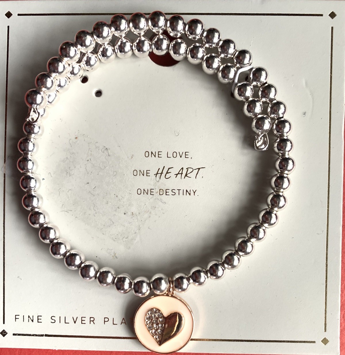 Fine Silver Plated Bead Bracelet Expands Rose Gold Charm “One Love One Heart..”