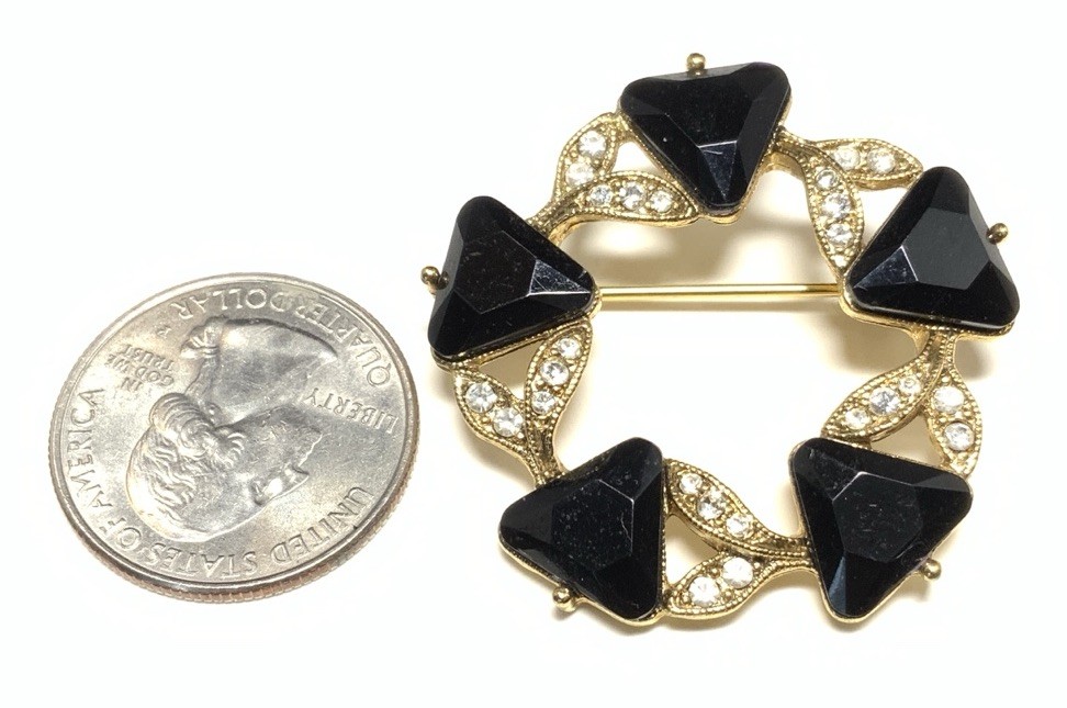 Gold Tone Black & Clear Rhinestone Brooch LK120