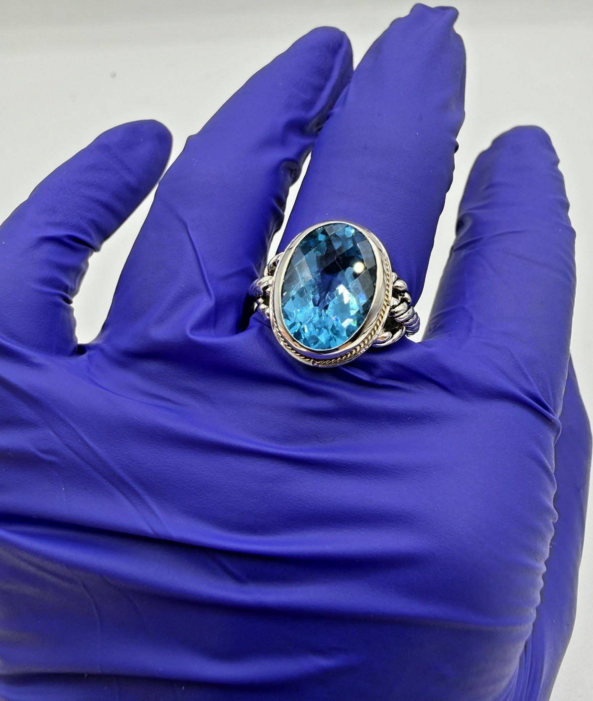 Designer Effy Sterling Silver & 18k Gold Oval Blue Topaz Twisted Cable Ring Sz 7