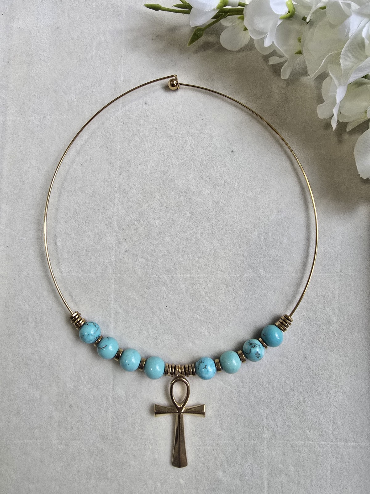 Gold Tone Wire Choker Necklace w/ Blue Round Beads & Ankh Cross Charm Pendant