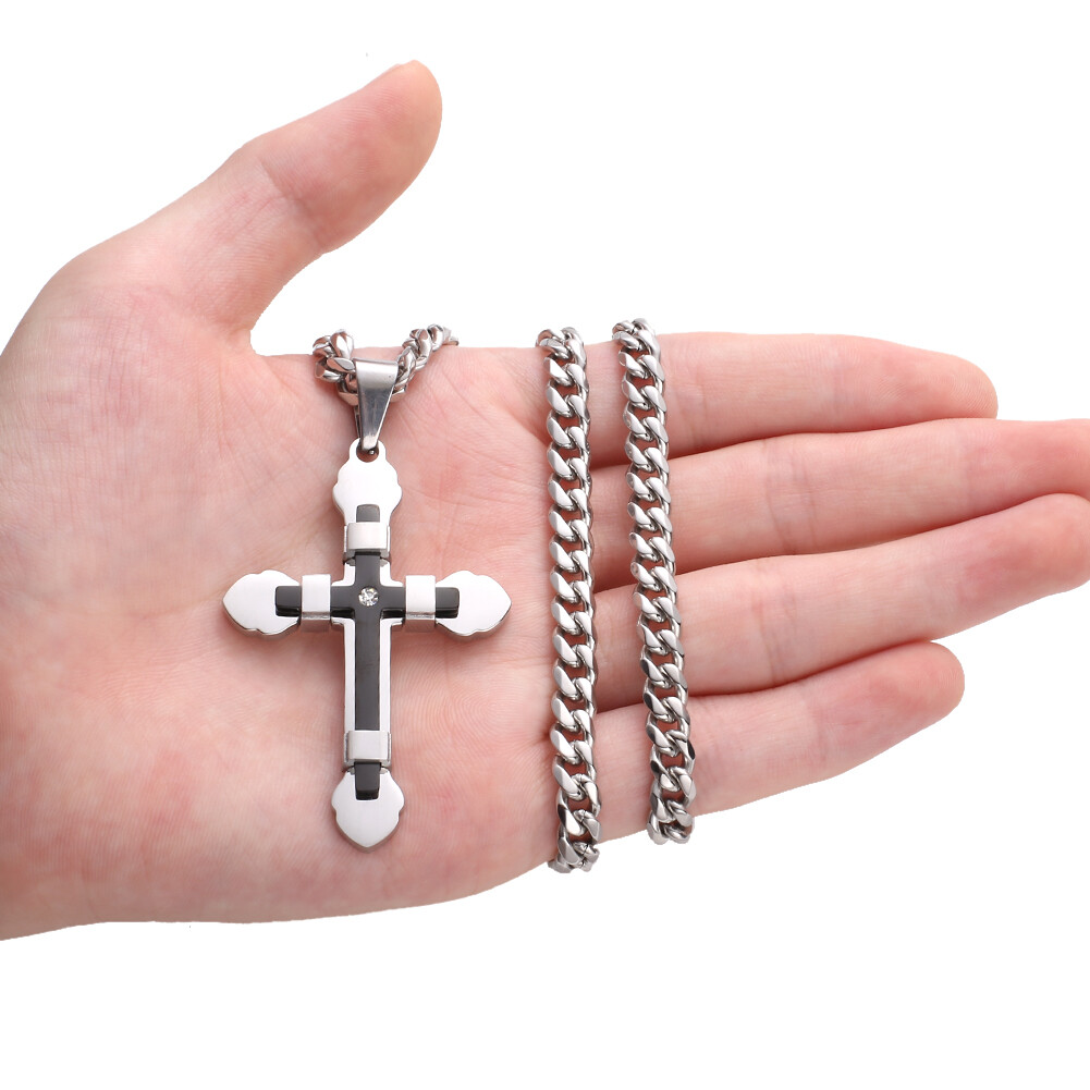 Men Women Stainless Steel Cross Pendant Necklace with CZ 18-34inch 5 Colors
