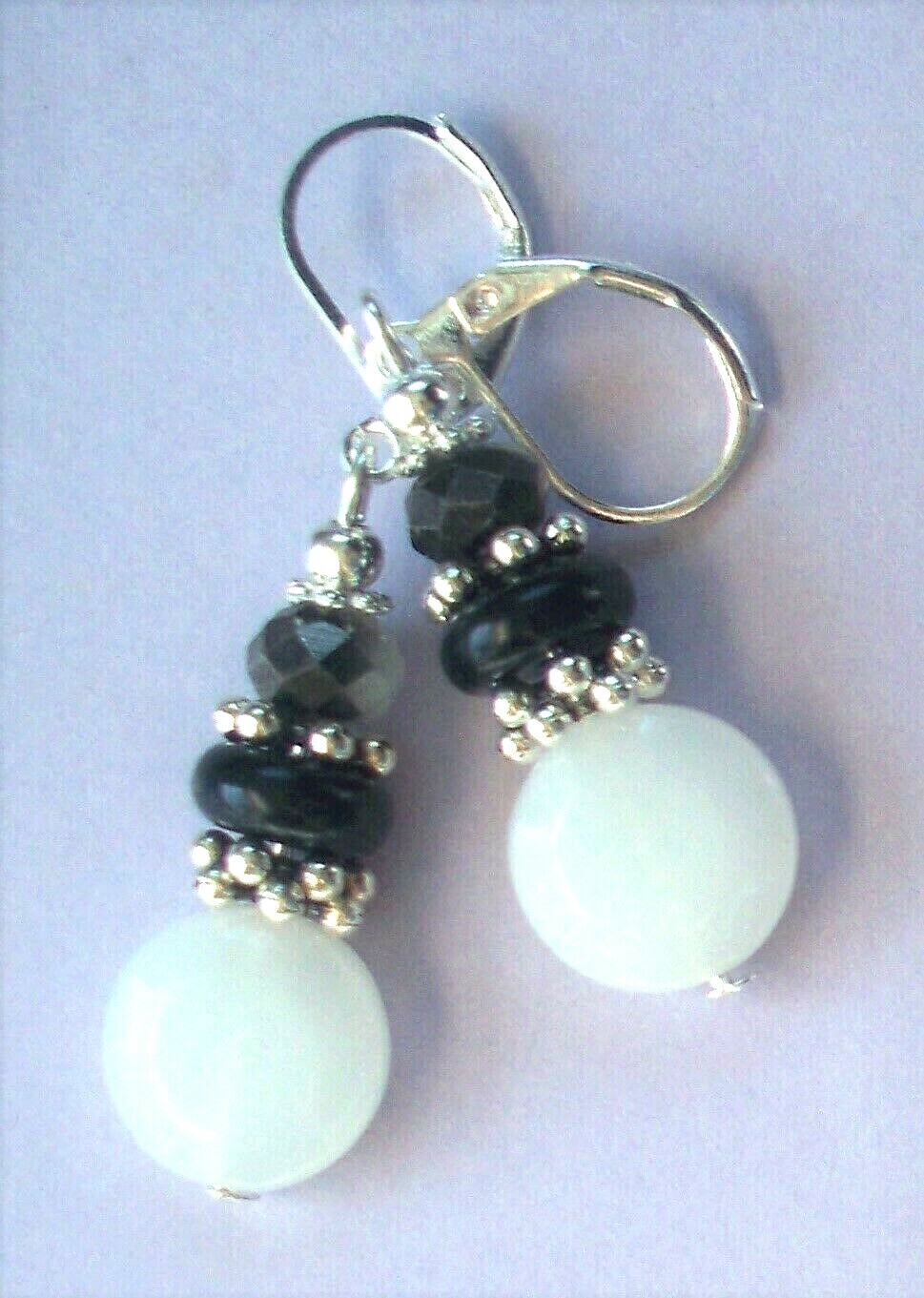 WHITE jadeite BLACK glass pearl earring SP LEVERBACK artisan #450-5