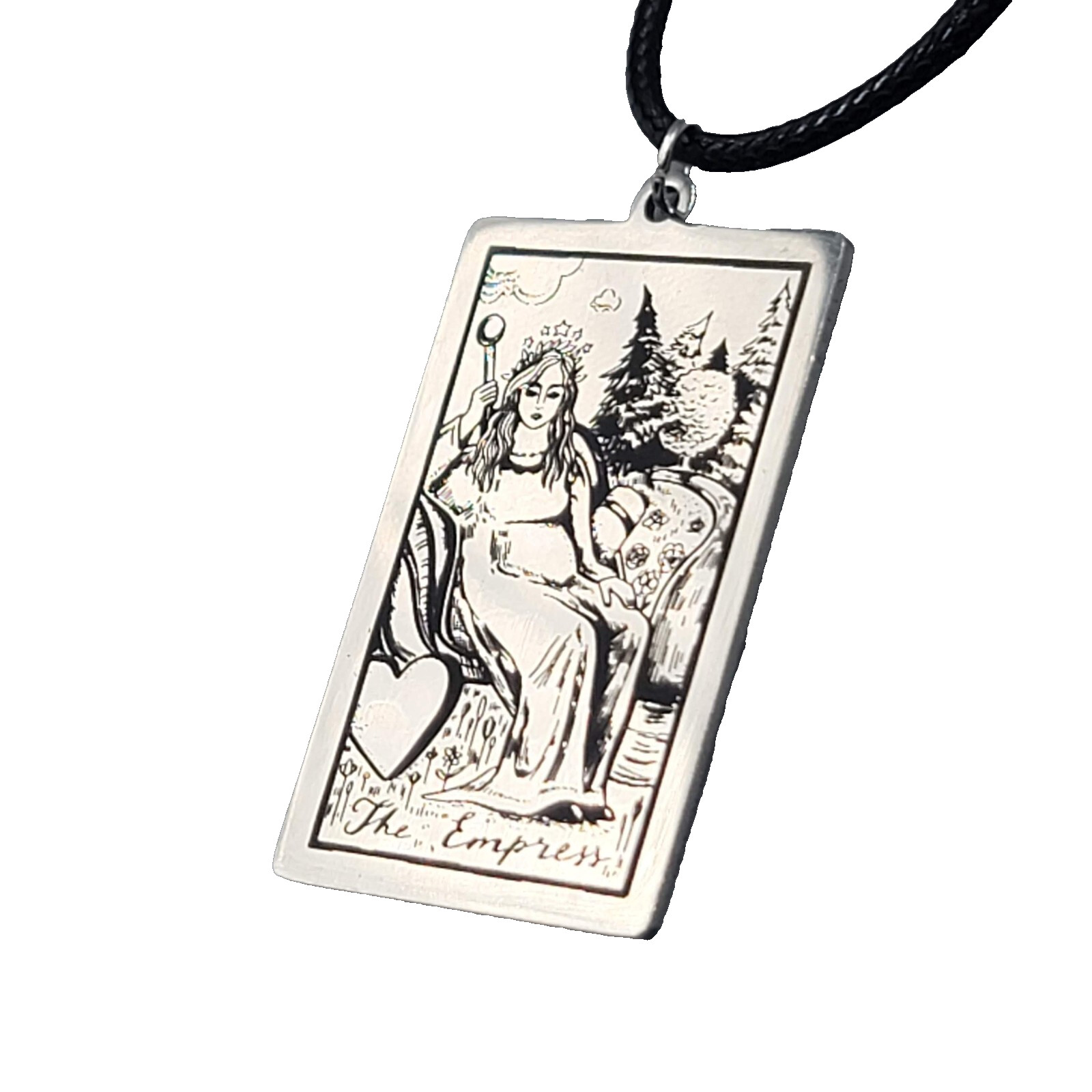 The EMPRESS Tarot Card Pendant Necklace Major Arcana Silver tone Black Cord 18″