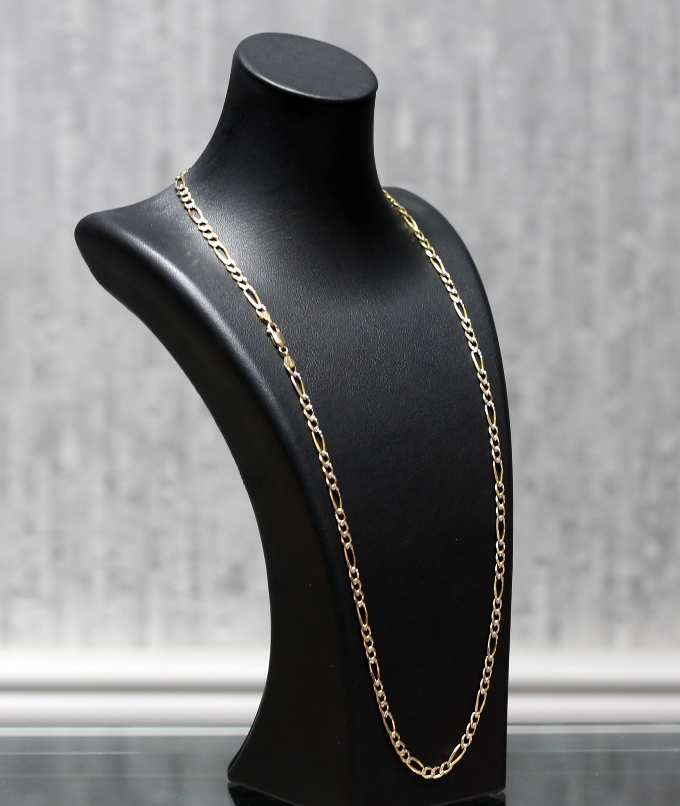Solid 14K Two Tone Gold 4mm Diamond Cut Pave Figaro Chain Necklace 26″ 17.8g