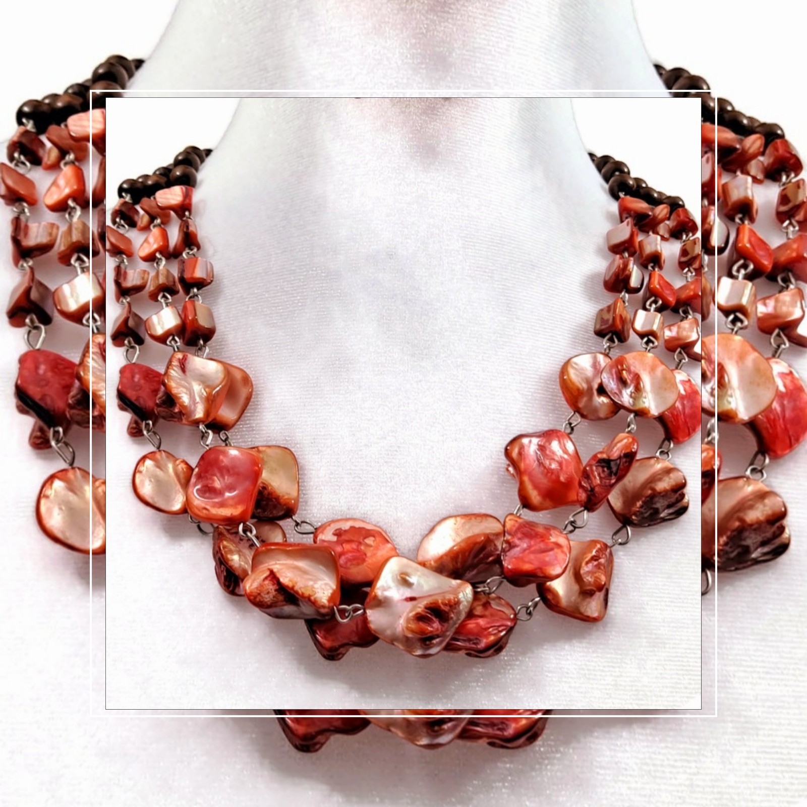 Iridescent Peach Mother of Pearl Shell 3-Strand Statement Necklace & Earring Set