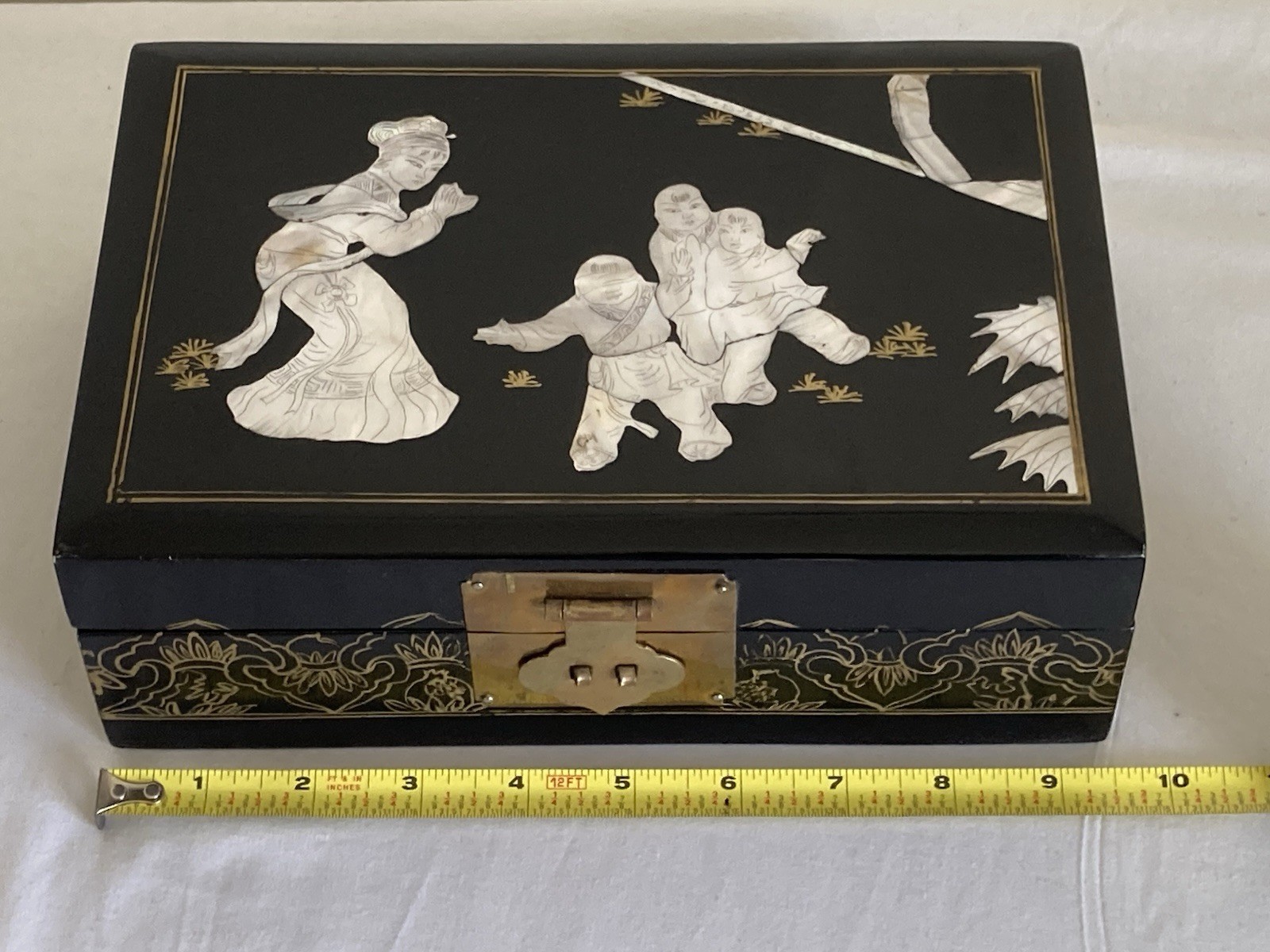 Mid Century Black Lacquer Asia MOP Inlaid Jewelry Box With Removable Tray