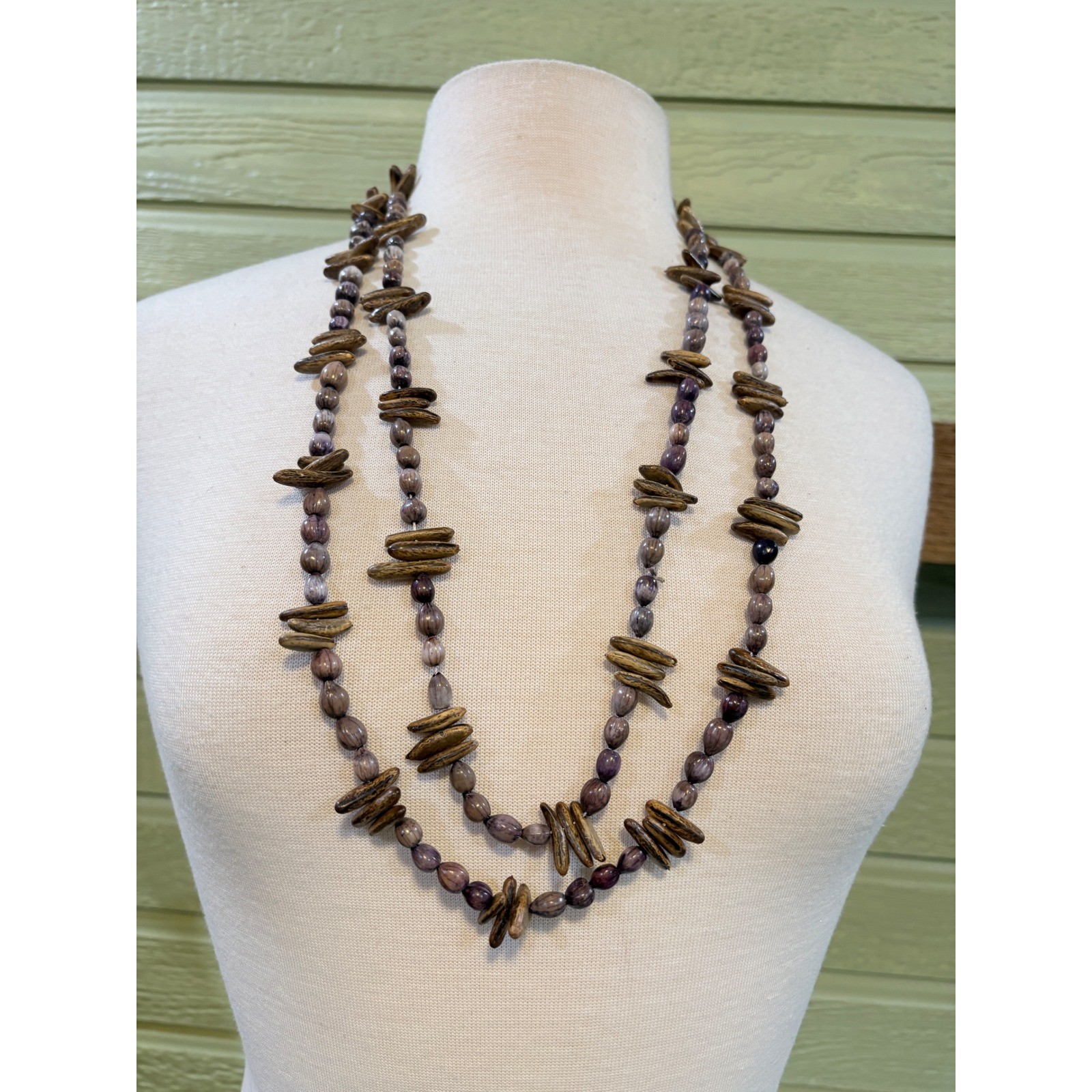 Vintage Natural Seed and Wood Beaded Long Layering Necklace Purple Brown Boho