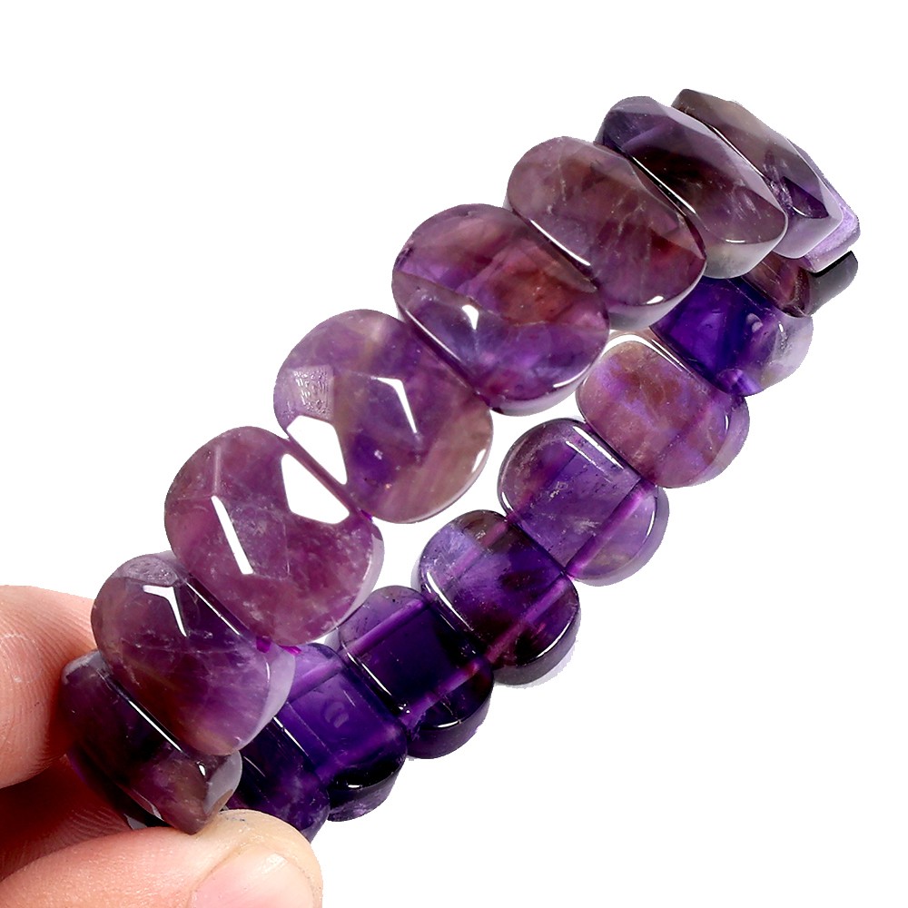 Handmade Oval Amethyst 15x11mm Natural Gemstone Elastic Bracelet 8inches
