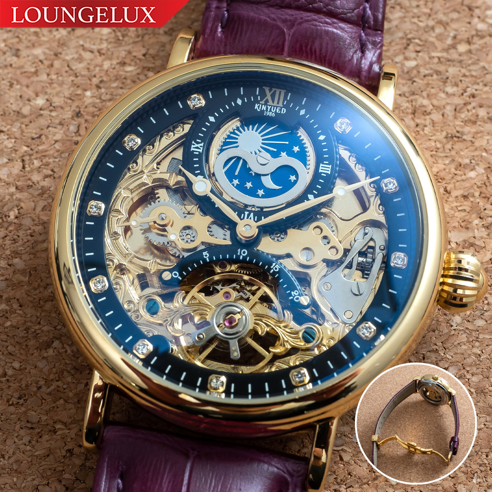 Mens Gold Dual Time Flywheel Automatic Mechanical Watch Black Purple Leather