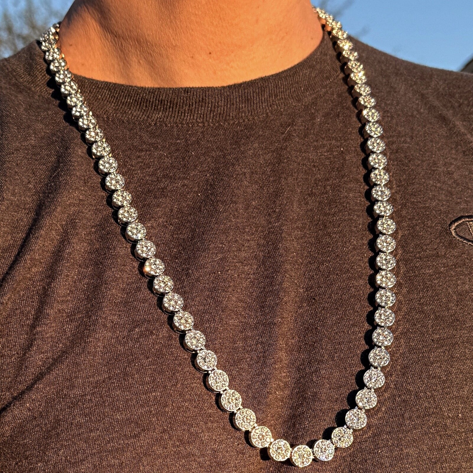 Men’s Flower Cluster Chain Simulated CZ Iced Flooded Out One Row Silver Tone 36″