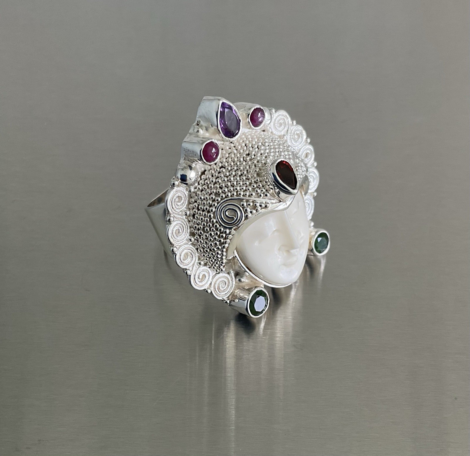 Sajen Silver Carved Goddess Ring Multi Gemstones 925 Sterling Silver Size 7