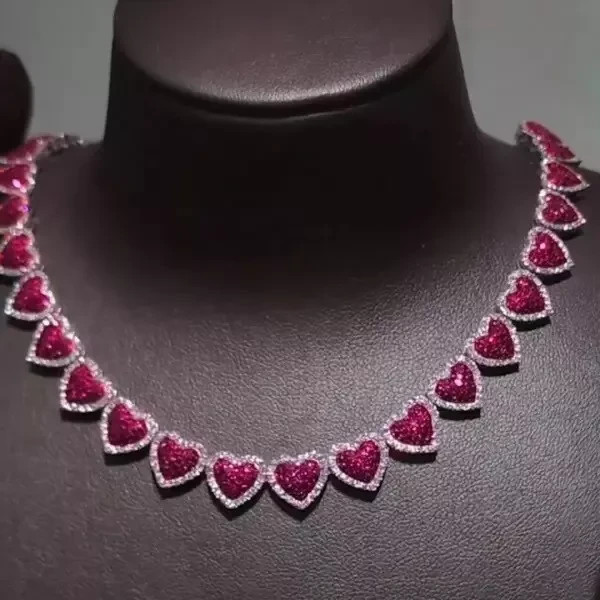 15 Ctw Lab-Created Ruby & Diamond Tennis Heart Women’s Necklace 14K Gold Plated!
