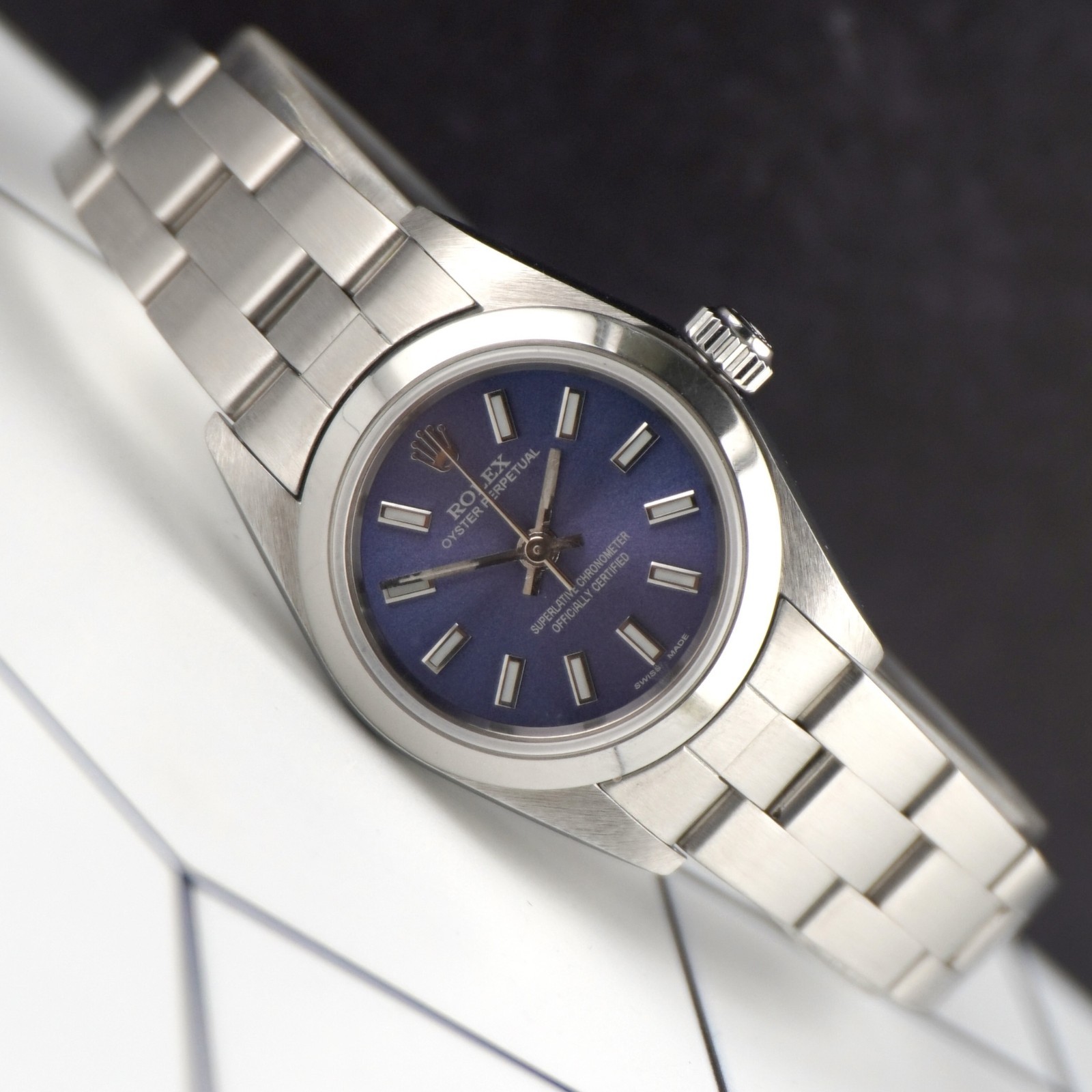 Rolex Oyster Perpetual 25mm Steel Dark Blue Dial Smooth Oyster Ladies Watch