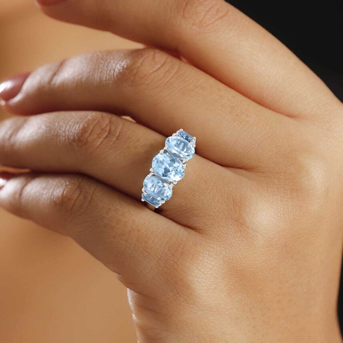 3.85ctw Sky Blue Topaz 5 Stone Ring Platinum Plated Sterling Silver Size 7