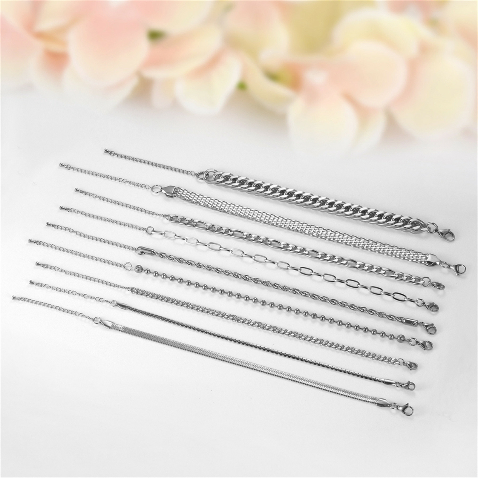 9-18pcs Women’s Stainless Steel Cuban Bracelet Chain Jewelry Set Adjustable