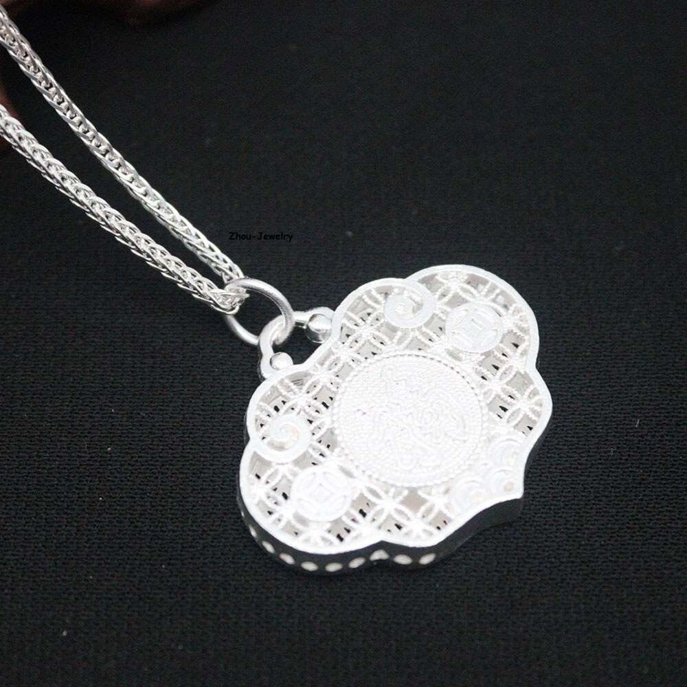Pure S999 Sterling Silver Pendant Women Hollow Coin Fu Lock Pendant 8-9g 27*31mm
