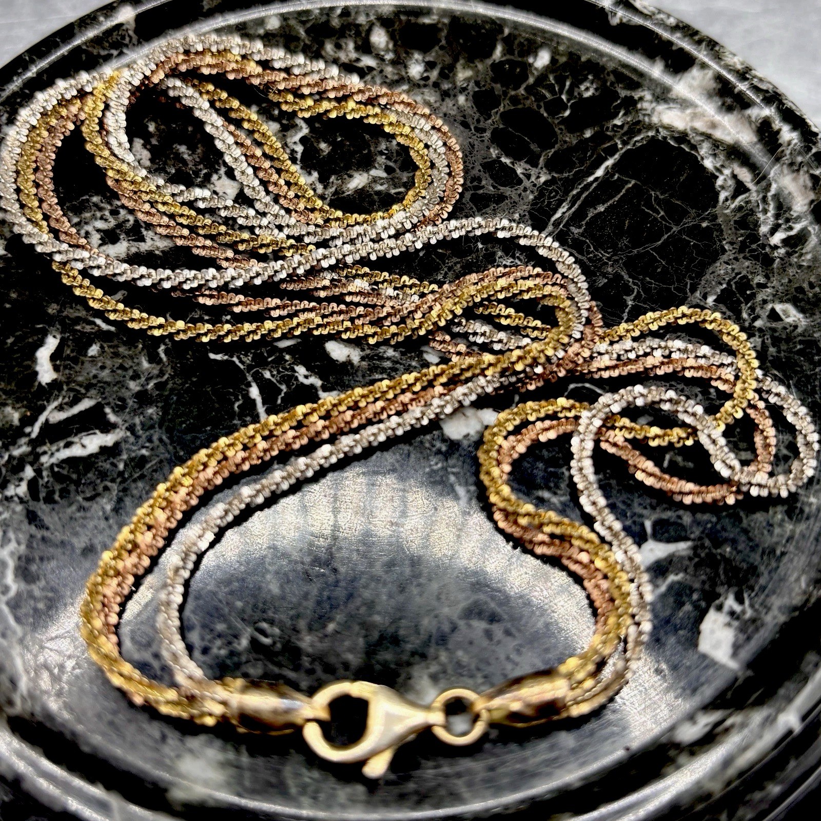 Tricolor Italy Necklace 18” 3 Strands Gold 10k Rose Gold Plate, Silver Mark RCI