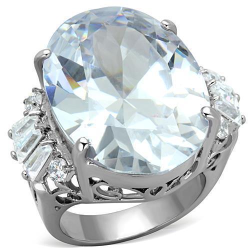 Oval Silver Ring Cocktail Cubic Zirconia Sparkling Stainless Steel Ladies