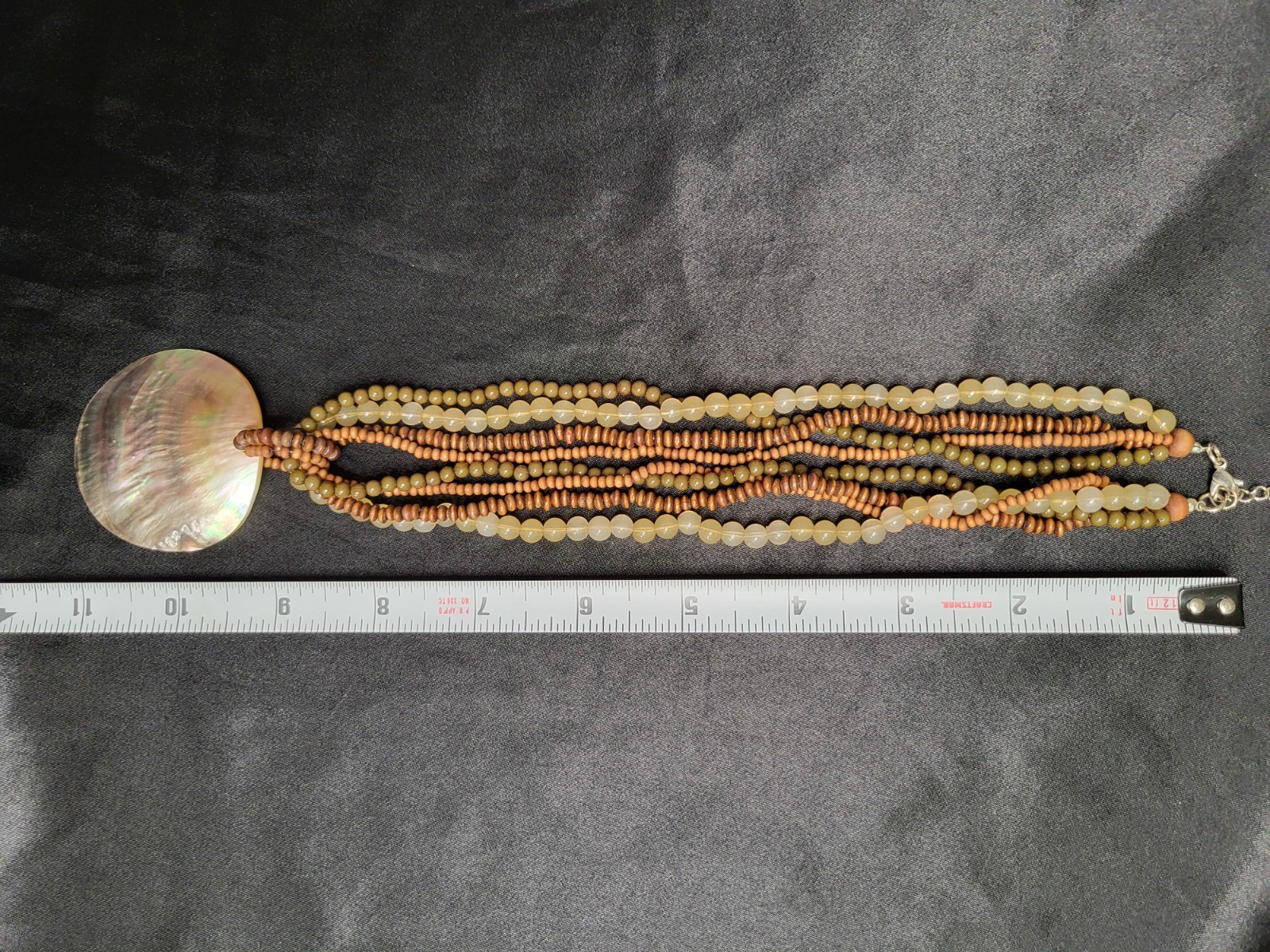 Boho Multi Strand Wood Beaded Necklace Iridescent Mother of Pearl Shell Pendant