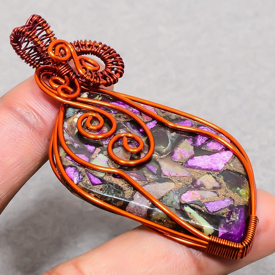 Copper Charoite Gemstone Beautiful Wire Wrap Copper Jewelry Pendant 2.8″ PG 1895