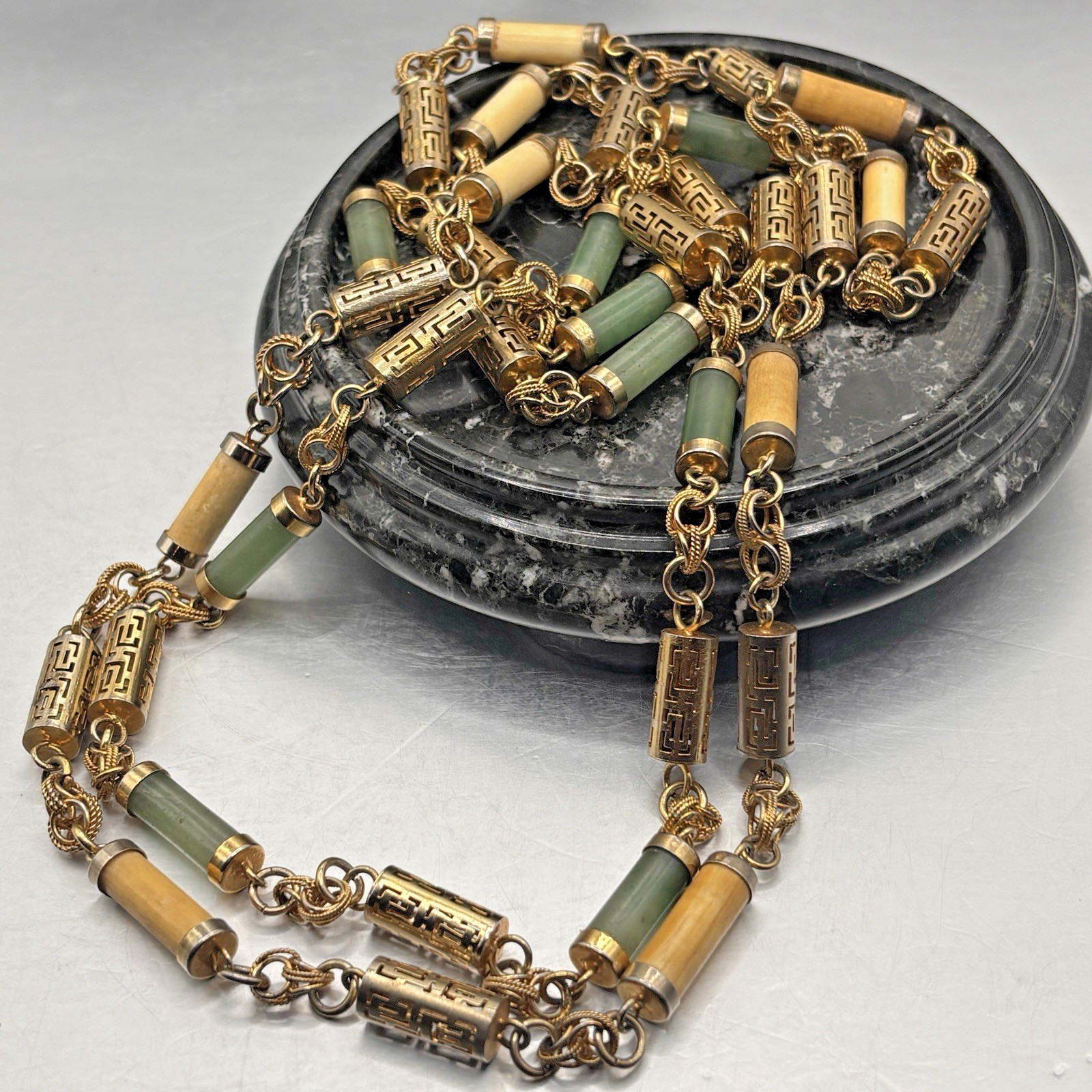 Pair Chinoiserie Style Gold Tone Jade Necklaces Ornate 29” Philippine